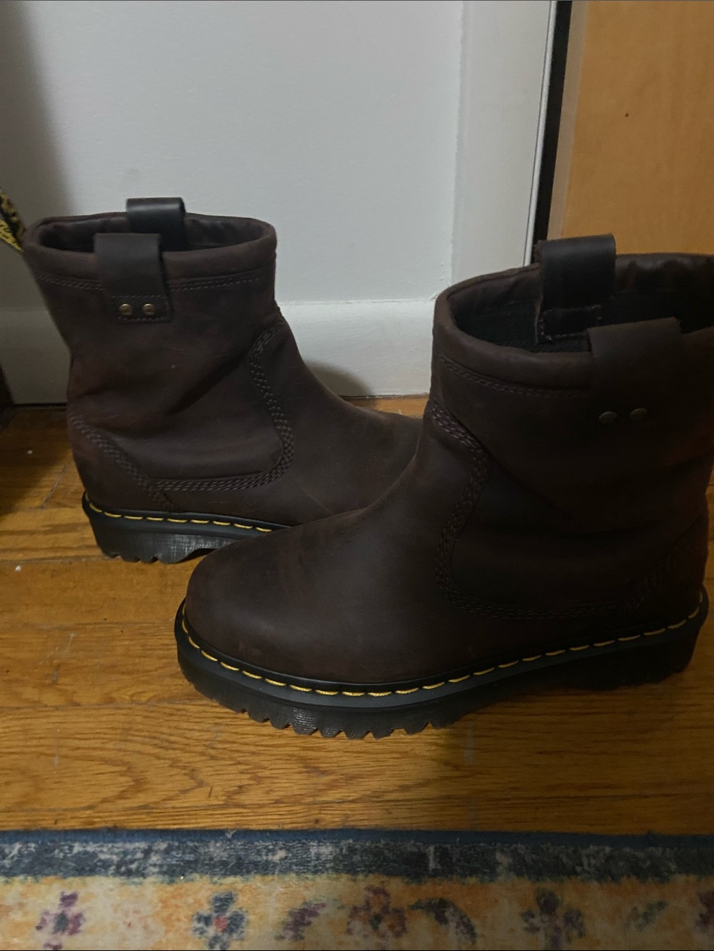 Dr. Martens Women's Dark Brown Leather Pull-On Combat Boots with Yellow Stitch